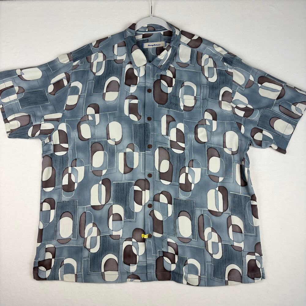 Tommy Bahama 100% Silk Blue Brown Tan Geometric Print Button Up Short Sleeve XXL
